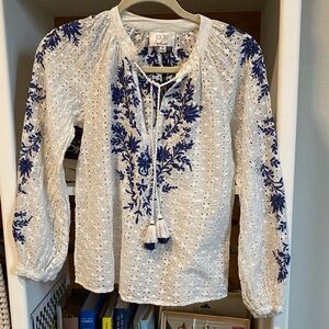 Johnny Was White Blouse with Blue Embroidery